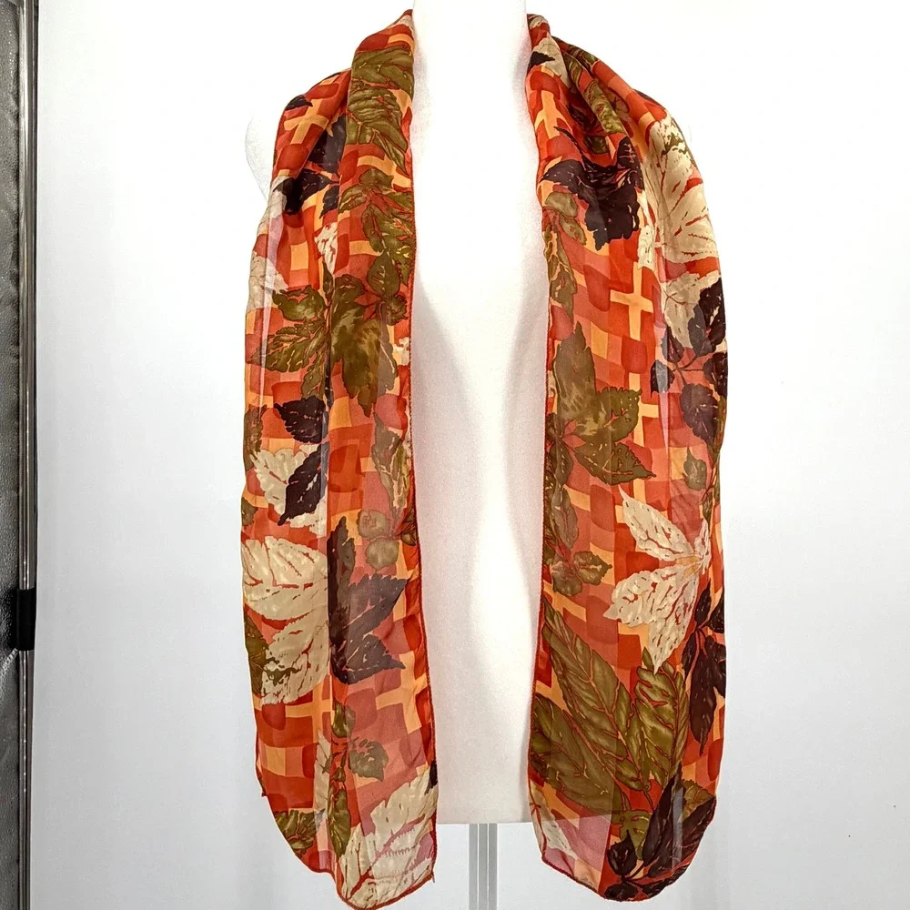 100% Silk Scarf Orange Autumn Leaf Print Cejon Accessories Made in USA 56x10 in
